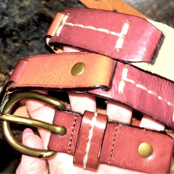 Fossil LEATHER straps Chain Link BROWN BELT 35-39” olive Tan Copper Buckle large - Picture 3 of 16